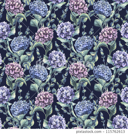 Hydrangea flowers of blue, lilac and pink flowers with eucalyptus branches on a dark background. Watercolor illustration. Seamless pattern from the WEDDING FLOWERS collection. For decoration, design. Hydrangea flowers of blue, lilac and pink flowers with eucalyptus branches on a dark background. Watercolor illustration. Seamless pattern from the WEDDING FLOWERS collection. For decoration, design. 115762613