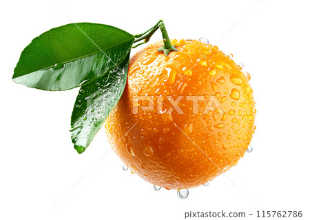A fresh, juicy orange with water droplets represents natural, vibrant citrus goodness isolated on a white transparent background 115762786