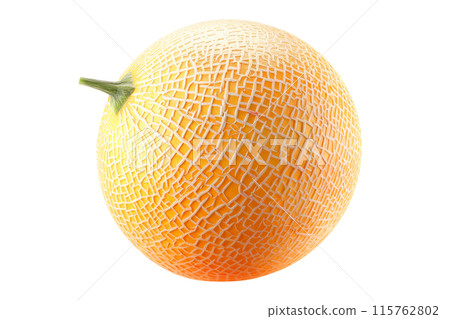 A ripe and juicy cantaloupe melon isolated on a white transparent background, highlighting its textured skin. 115762802