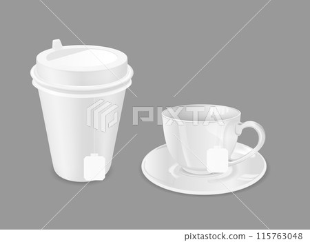 Glass cup with saucer and paper coffee cup. Tea bag 115763048