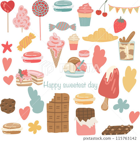 Happy sweetest day big flat design set candies ice cream cup cakes Happy sweetest day big flat design set candies ice cream cup cakes 115763142