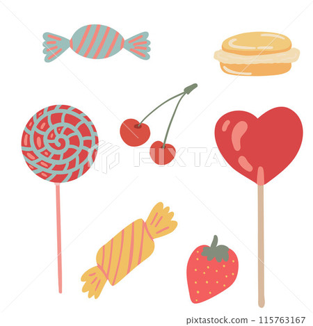 Sweets set happy day flat design candies macaroons cherry Sweets set happy day flat design candies macaroons cherry 115763167
