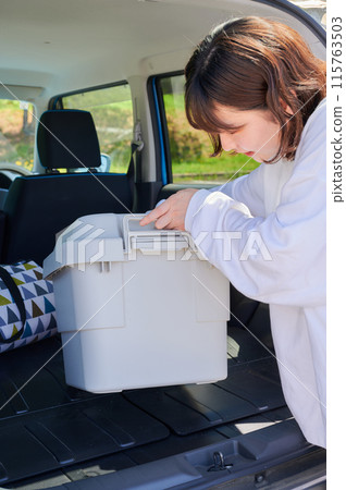 Woman loading luggage into car, leisure, camping 115763503