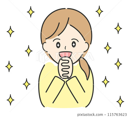 An illustration of a woman clasping her hands together to express joy. An image of excitement, thrill, excitement, and gratitude. 115763623