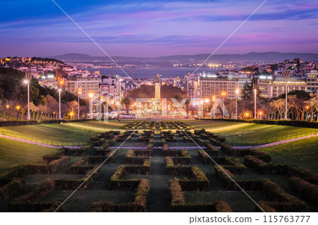 View of Lisbon Marquis of Pombal Square seen from the Eduardo VII Park in night, Portugal View of Lisbon Marquis of Pombal Square seen from the Eduardo VII Park in night, Portugal 115763777