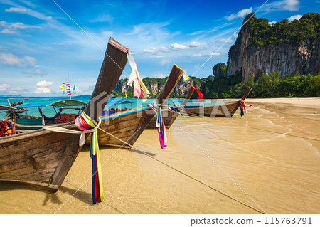 Long tail boats on beach, Thailand 115763791