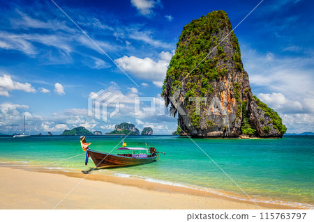 Long tail boat on beach, Thailand 115763797