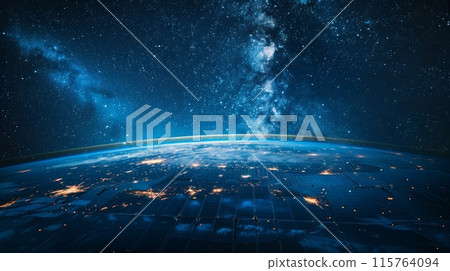 Planet earth on which there are many solar panels that protrude right into space. 115764094