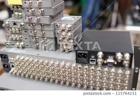 Commutation panel of telecommunication video switcher broadcast for TV channel translation rear view 115764231