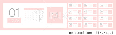 Horizontal desk monthly calendar for 2025 year. Business Modern Calendar Template in Pink Colors. Horizontal desk monthly calendar for 2025 year. Business Modern Calendar Template in Pink Colors. 115764291