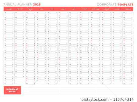 2025 Planner Calendar template design. Week starts on Sunday office Planner. Desktop, table or wall planner 2025 in simple clean style. Corporate or business schedule. English vector calendar layout. 2025 Planner Calendar template design. Week starts on Sunday office Planner. Desktop, table or wall planner 2025 in simple clean style. Corporate or business schedule. English vector calendar layout. 115764314