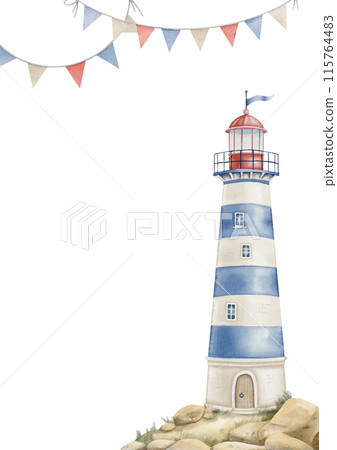 Watercolor Illustration of a Lighthouse with Nautical Flags. Drawing of Beacon painted in pastel blue, beige and red colors. Template for Baby shower greeting cards or childish invitations. Kids Frame Watercolor Illustration of a Lighthouse with Nautical Flags. Drawing of Beacon painted in pastel blue, beige and red colors. Template for Baby shower greeting cards or childish invitations. Kids Frame 115764483