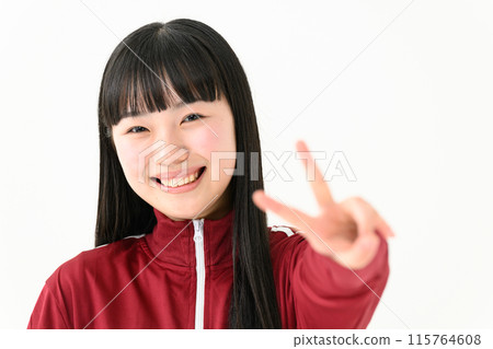 High school girl, jersey, peace sign High school girl, jersey, peace sign 115764608