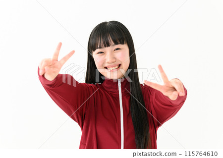 High school girl, jersey, peace sign High school girl, jersey, peace sign 115764610