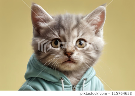 portrait of a scared kitten in a sports sweatshirt, isolated on a yellow background portrait of a scared kitten in a sports sweatshirt, isolated on a yellow background 115764638