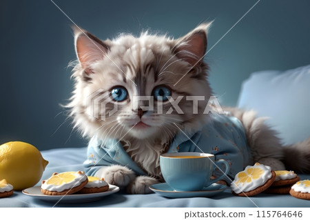 Cute cat in pajamas drinks hot tea with lemon Cute cat in pajamas drinks hot tea with lemon 115764646