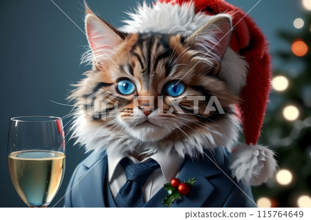 Cute kitten in a New Year's hat with a glass of champagne. New Year card Cute kitten in a New Year's hat with a glass of champagne. New Year card 115764649