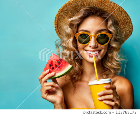 Woman Enjoying Summer with Watermelon and Juice Woman Enjoying Summer with Watermelon and Juice 115765172