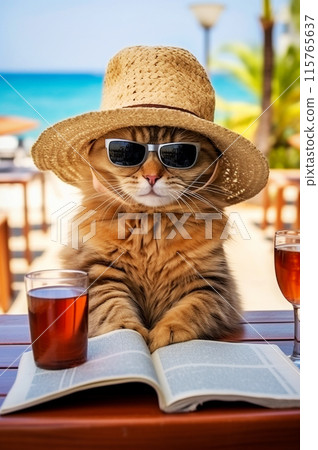 A charming cat in sunglasses and a straw hat against the backdrop of a seascape. 115765637
