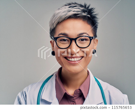 Studio Portrait of a Female Healthcare Professional in Uniform 115765653