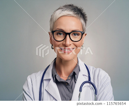 Studio Portrait of a Female Healthcare Professional in Uniform 115765654