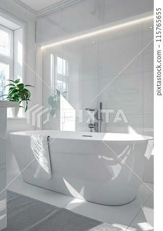 Modern bathroom with oval bathtub, white walls. 115765655