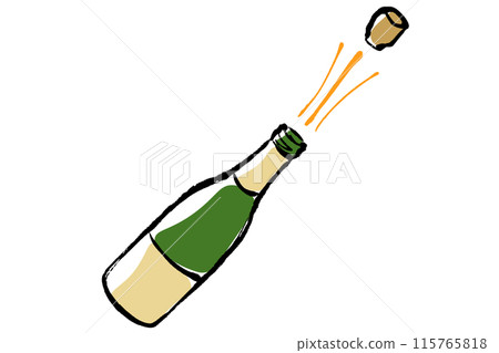 Illustration of opening a bottle of champagne with the cork popping Illustration of opening a bottle of champagne with the cork popping 115765818