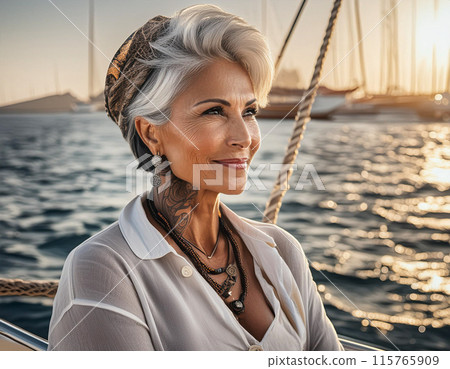 Confident Mature Woman with Gray Hair on a Nautical Adventure 115765909