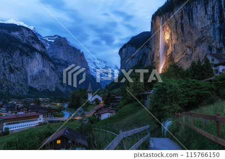 Lauterbrunnen and Staubbach waterfall at Night 115766150