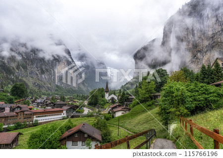 Lauterbrunnen and Staubbach waterfall Lauterbrunnen and Staubbach waterfall 115766196