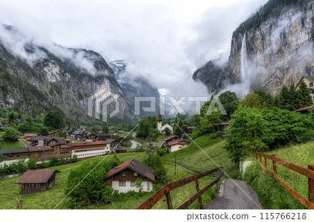 Lauterbrunnen and Staubbach waterfall Lauterbrunnen and Staubbach waterfall 115766218