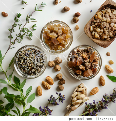A full frame of baked frankincense and almonds was placed on the table. 115766455