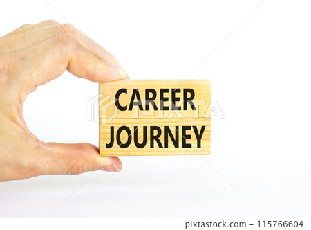 Career journey symbol. Concept words Career journey on wooden blocks on a beautiful white table white background. Businessman hand. Business Career journey concept. Copy space. 115766604
