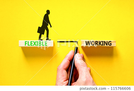 Flexible working symbol. Concept words Flexible working on beautiful wooden block. Businessman icon. Businessman hand. Beautiful yellow background. Business flexible working concept. Copy space. 115766606