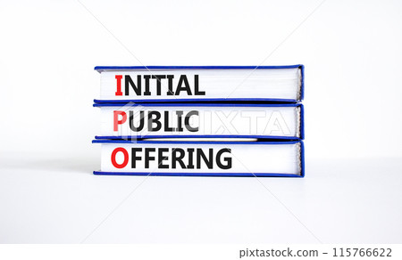 IPO initial public offering symbol. Concept words IPO initial public offering on beautiful books. Beautiful white background. Business IPO initial public offering concept. Copy space. 115766622