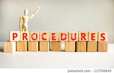 Procedures symbol. Concept word Procedures on beautiful wooden blocks. Beautiful white background. Businessman model. Business procedures concept. Copy space. Procedures symbol. Concept word Procedures on beautiful wooden blocks. Beautiful white background. Businessman model. Business procedures concept. Copy space. 115766649