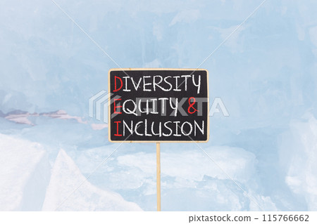 DEI diversity equity and inclusion symbol. Concept words DEI diversity equity and inclusion on blackboard. Beautiful ice background. Business DEI diversity equity and inclusion concept. Copy space. DEI diversity equity and inclusion symbol. Concept words DEI diversity equity and inclusion on blackboard. Beautiful ice background. Business DEI diversity equity and inclusion concept. Copy space. 115766662