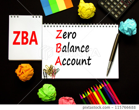 ZBA zero balance account symbol. Concept words ZBA zero balance account on beautiful white note. Beautiful black background. Black calculator. Business ZBA zero balance account concept. Copy space. 115766688