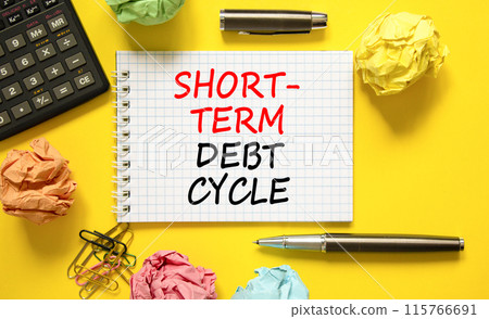Short-term debt cycle symbol. Concept words Short-term debt cycle on beautiful white note. Beautiful yellow background. Calculator. Business Short-term debt cycle concept. Copy space Short-term debt cycle symbol. Concept words Short-term debt cycle on beautiful white note. Beautiful yellow background. Calculator. Business Short-term debt cycle concept. Copy space 115766691