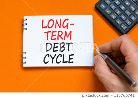 Long-term debt cycle symbol. Concept words Long-term debt cycle on beautiful white note. Beautiful orange background. Businessman hand. Calculator. Business Long-term debt cycle concept. Copy space. 115766741