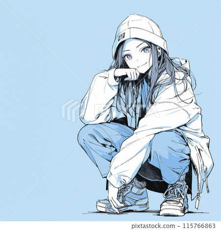 A girl in street casual wear is squatting and looking at you 115766863