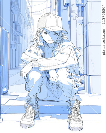 A girl in street casual wear is squatting and looking at you A girl in street casual wear is squatting and looking at you 115766864