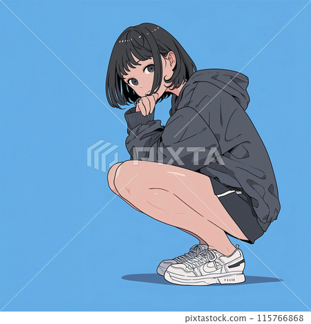 一個女人蹲下來看著我，藍色背景 115766868