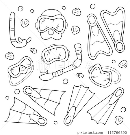 Doodle set with swimming masks, snorkels and fins. Black and white clip art illustration. 115766890