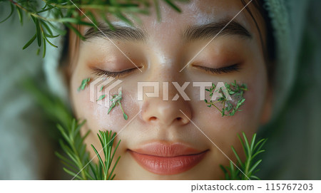 Woman applying herbs to her face 115767203