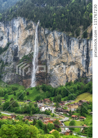 Lauterbrunnen town and Staubbach Waterfall 115767230
