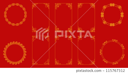 golden Chinese ornament on a red background. This geometric, traditional Asian pattern golden Chinese ornament on a red background. This geometric, traditional Asian pattern 115767312