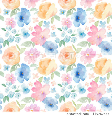 Beautiful floral seamless pattern with hand drawn watercolor abstract flowers. Stock illustration. Gentle summer design. Seamless print. 115767443