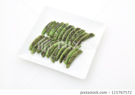 Roasted Knap Peas on a White Square Plate Roasted Knap Peas on a White Square Plate 115767572