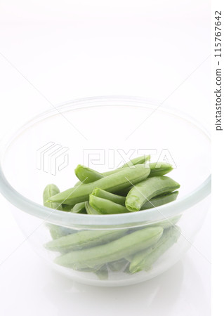 Vinegared snap peas in a glass bowl Vinegared snap peas in a glass bowl 115767642
